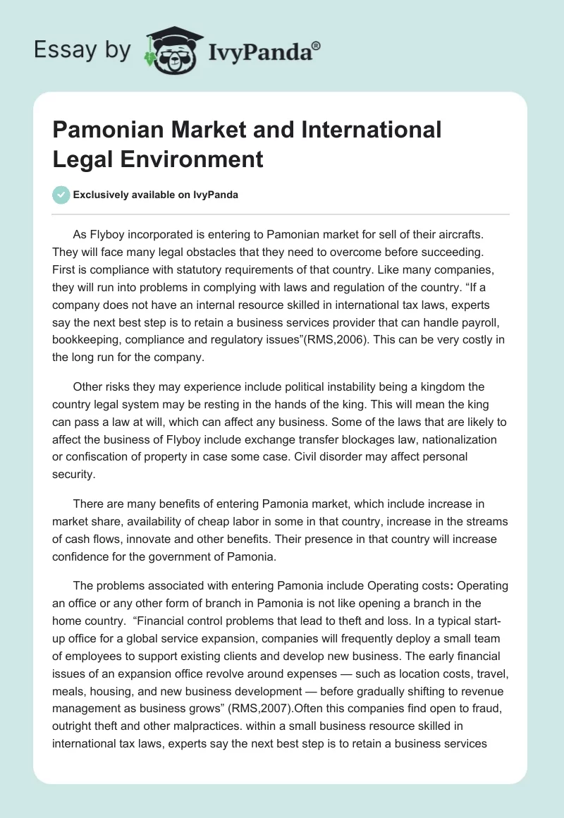 Pamonian Market and International Legal Environment. Page 1