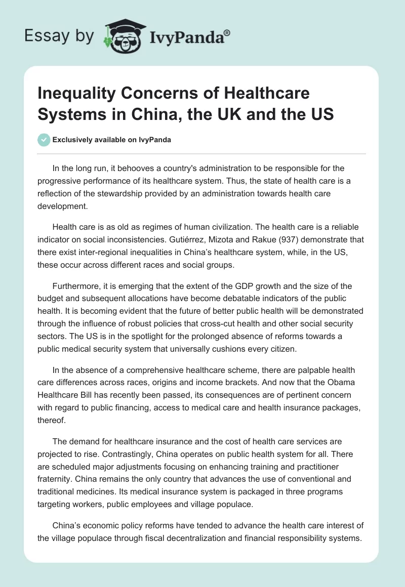 Inequality Concerns of Healthcare Systems in China, the UK and the US. Page 1