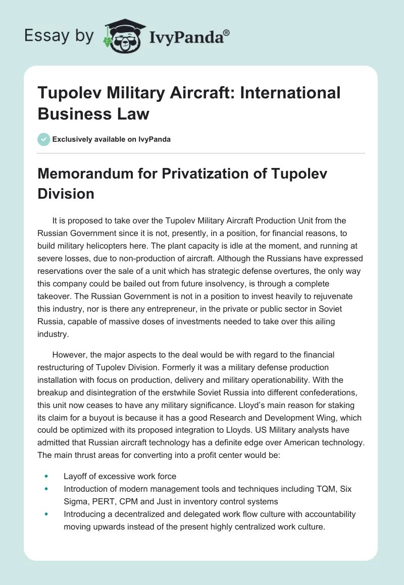 Tupolev Military Aircraft: International Business Law. Page 1