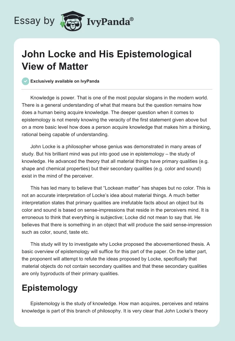John Locke and His Epistemological View of Matter. Page 1
