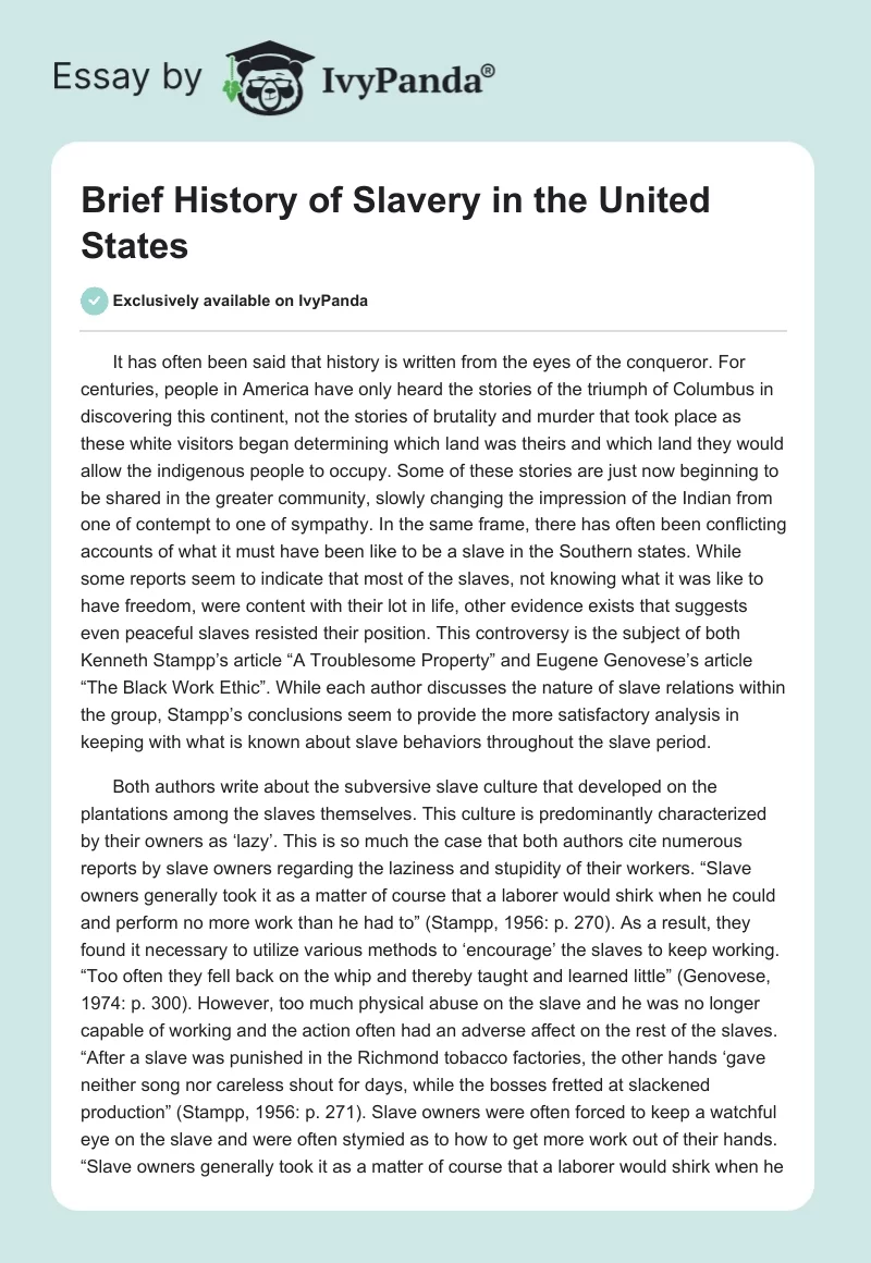Brief History of Slavery in the United States. Page 1