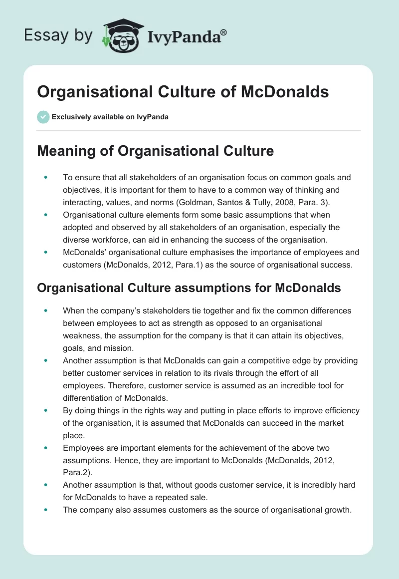Organisational Culture of McDonalds. Page 1