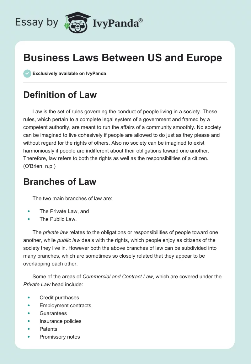 Business Laws Between US and Europe. Page 1