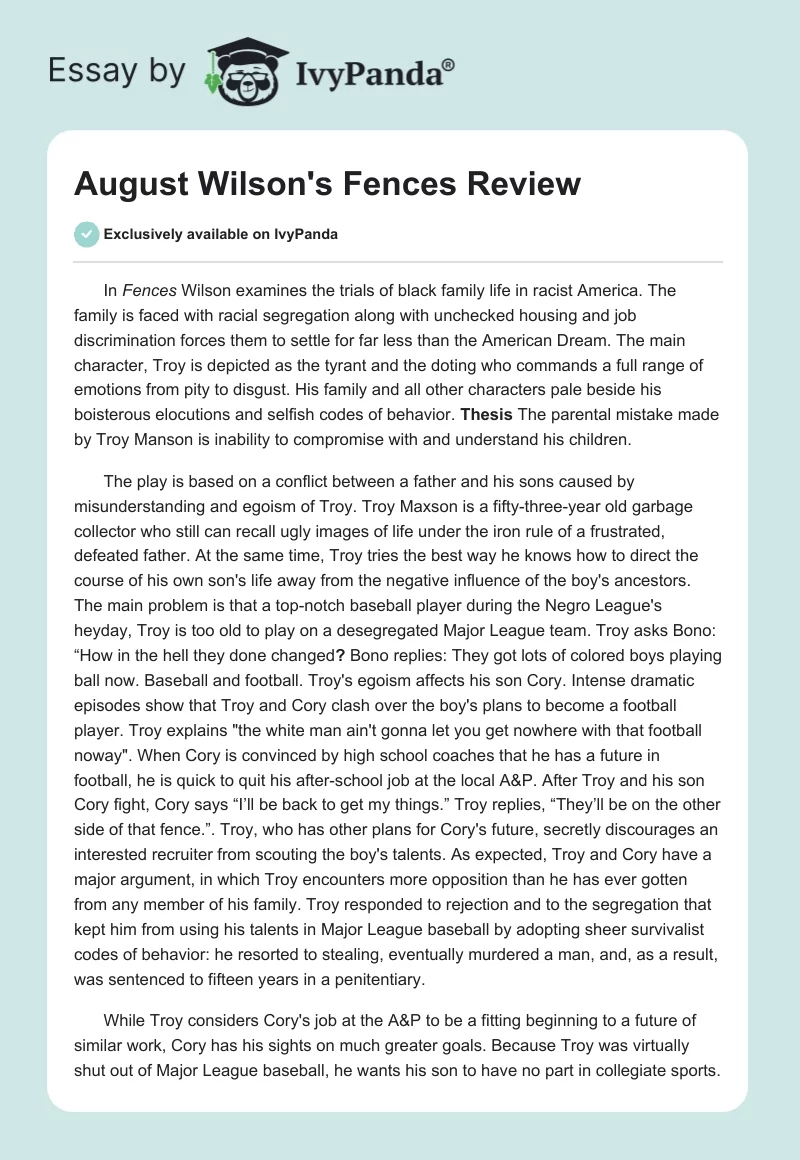 August Wilson's "Fences" Review. Page 1