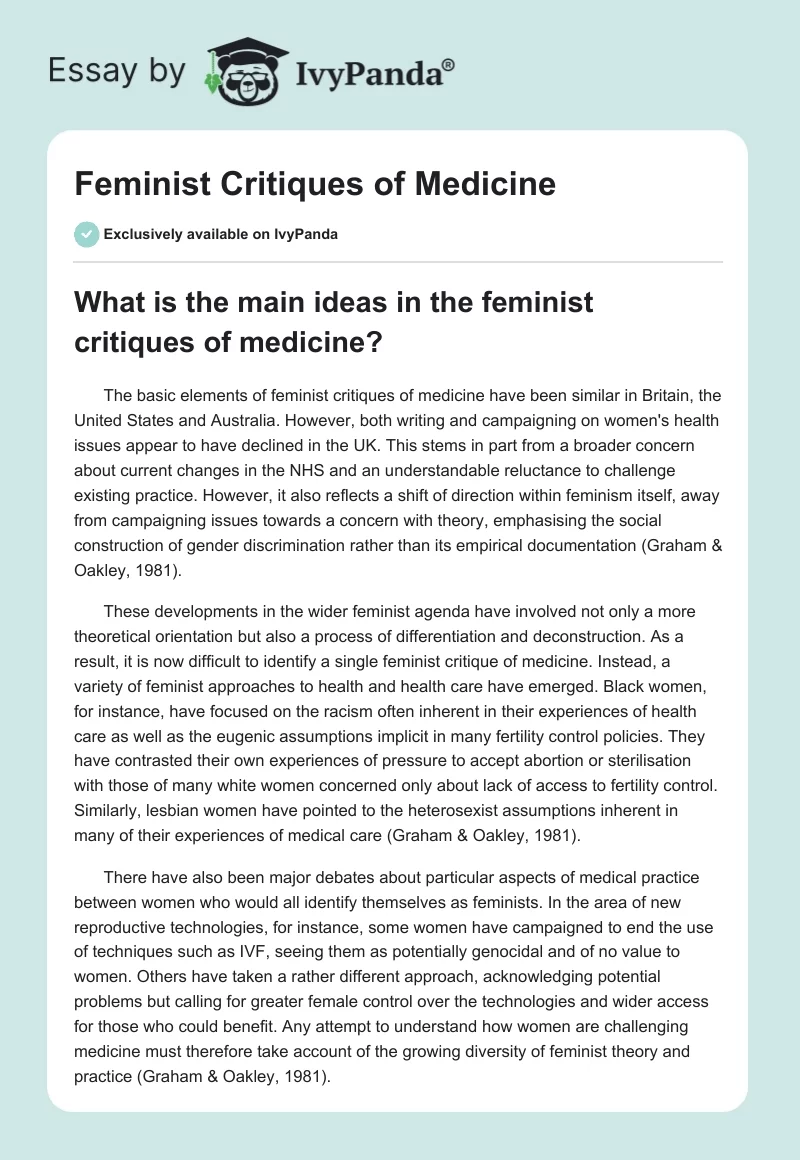 Feminist Critiques of Medicine. Page 1