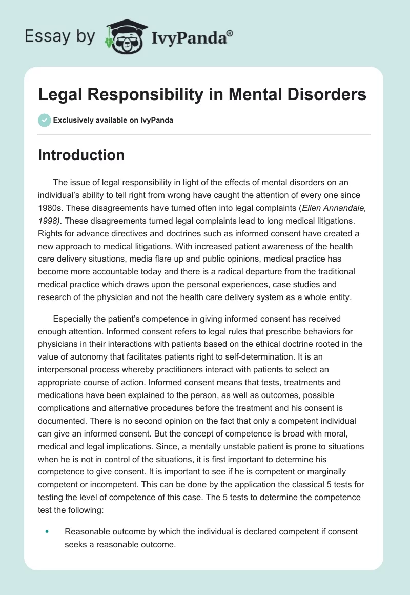 Legal Responsibility in Mental Disorders. Page 1