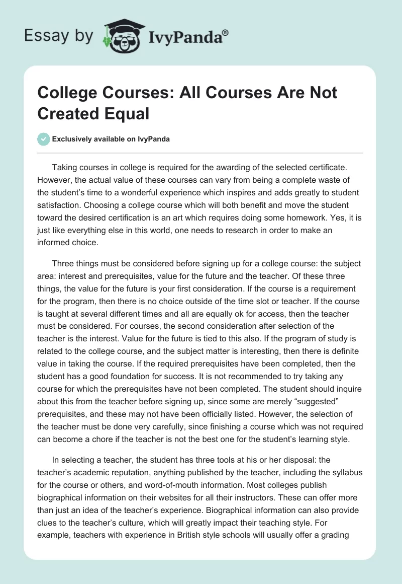 College Courses: All Courses Are Not Created Equal. Page 1