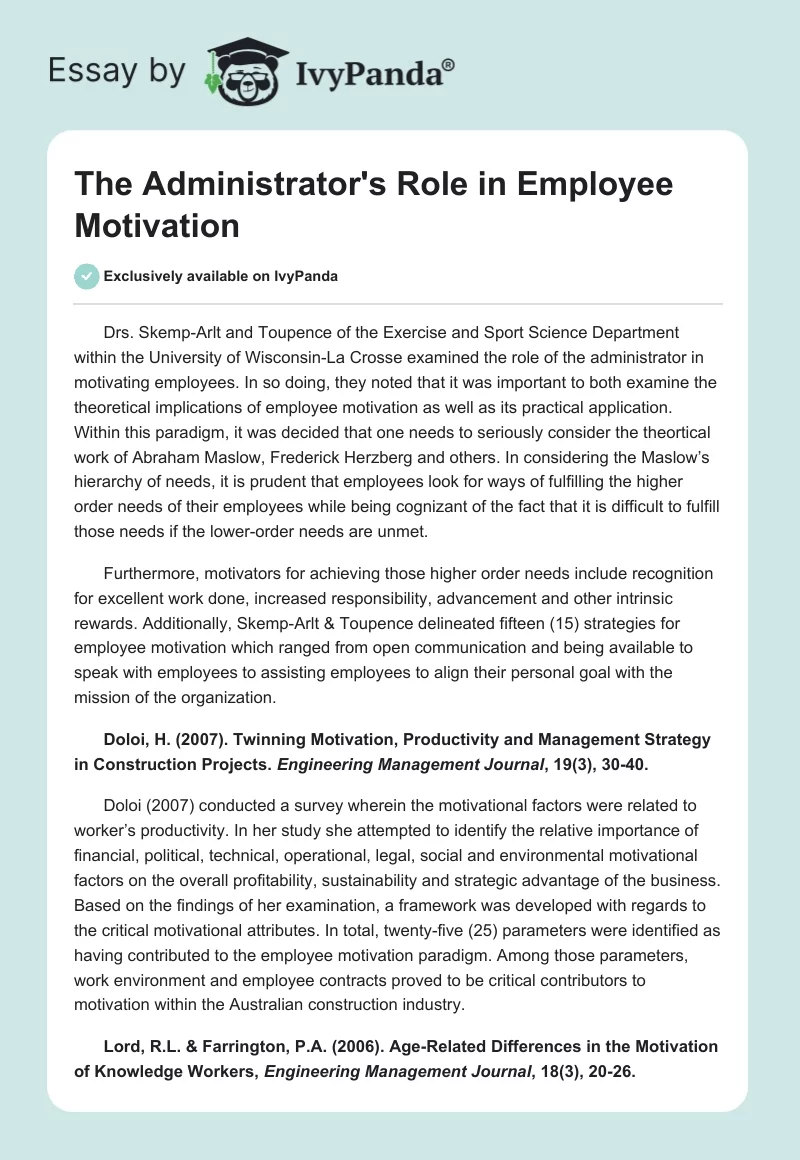 The Administrator's Role in Employee Motivation. Page 1