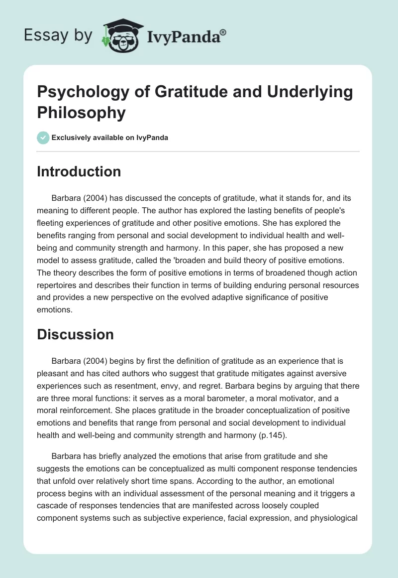 Psychology of Gratitude and Underlying Philosophy. Page 1