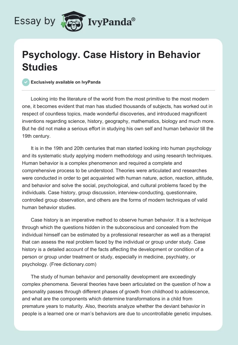 Psychology. Case History in Behavior Studies. Page 1