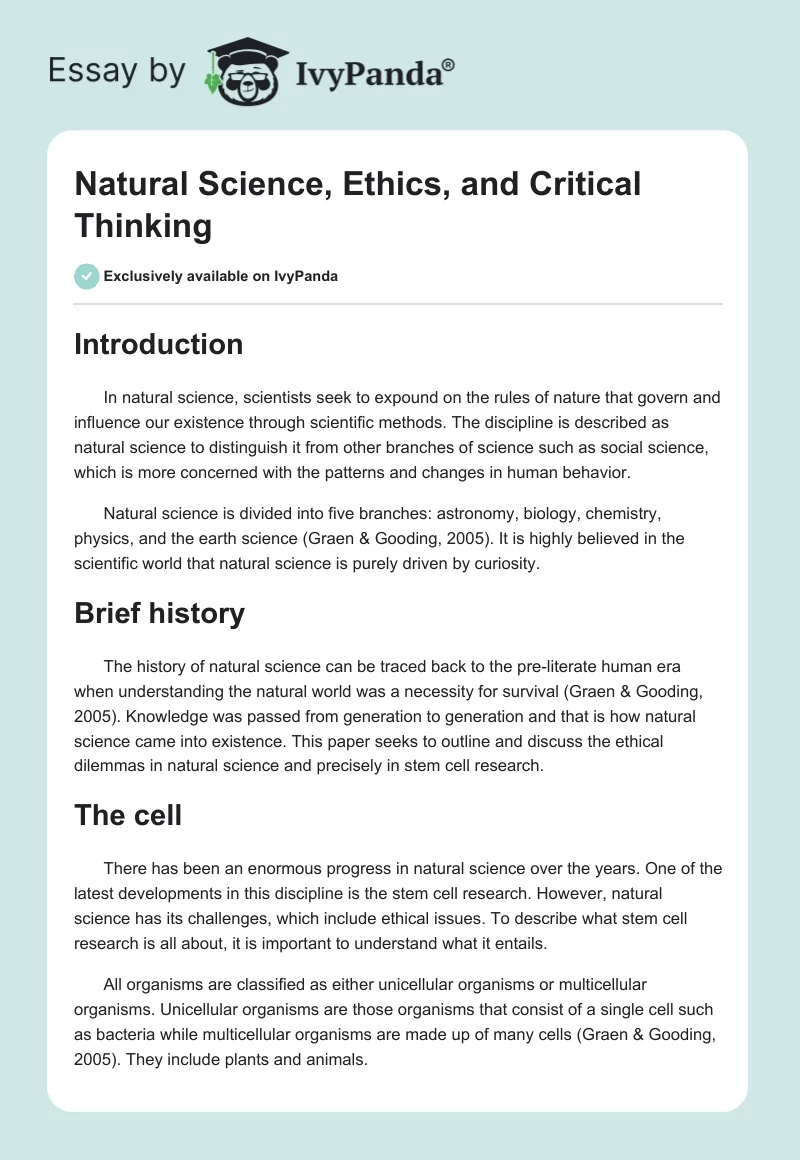 Natural Science, Ethics, and Critical Thinking. Page 1