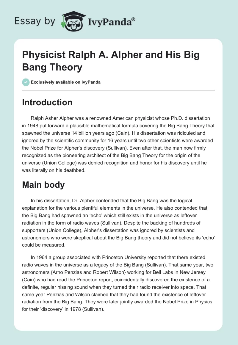 Physicist Ralph A. Alpher and His Big Bang Theory. Page 1
