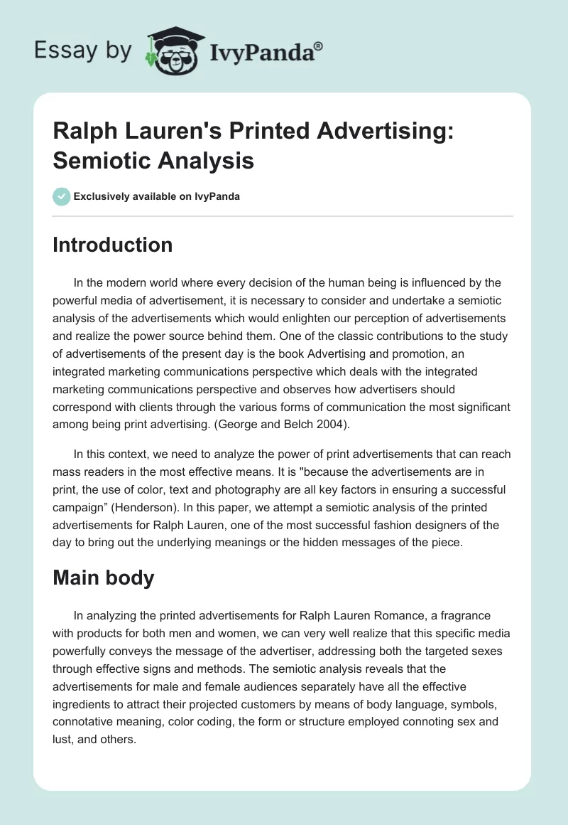 Ralph Lauren's Printed Advertising: Semiotic Analysis. Page 1