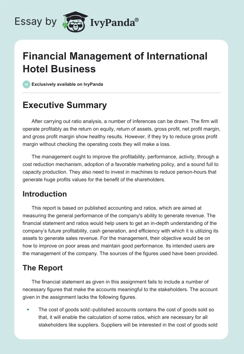 Financial Management of International Hotel Business. Page 1
