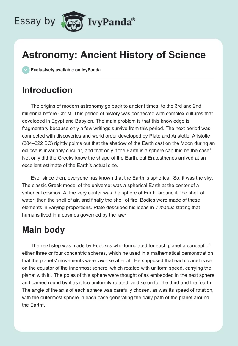 Astronomy: Ancient History of Science. Page 1