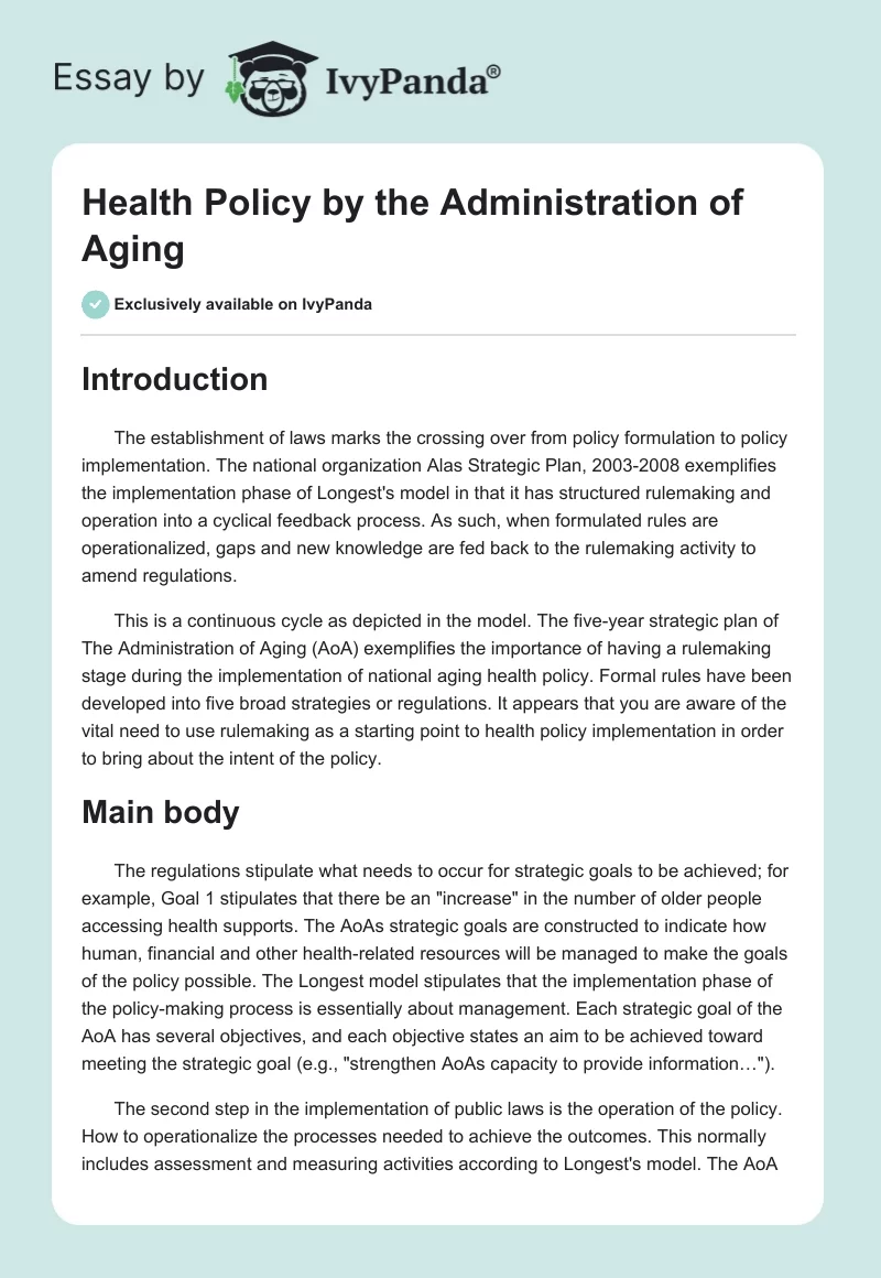 Health Policy by the Administration of Aging. Page 1