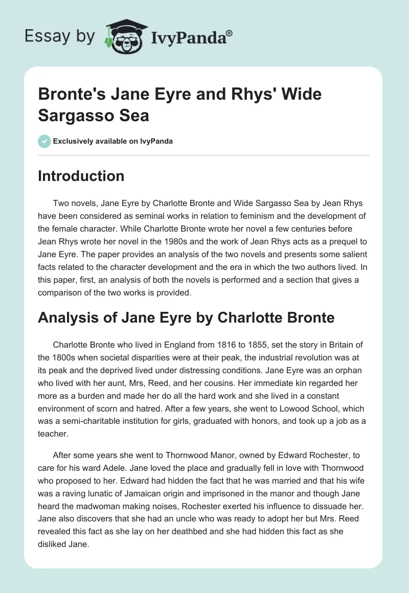 Bronte's "Jane Eyre" and Rhys' "Wide Sargasso Sea". Page 1