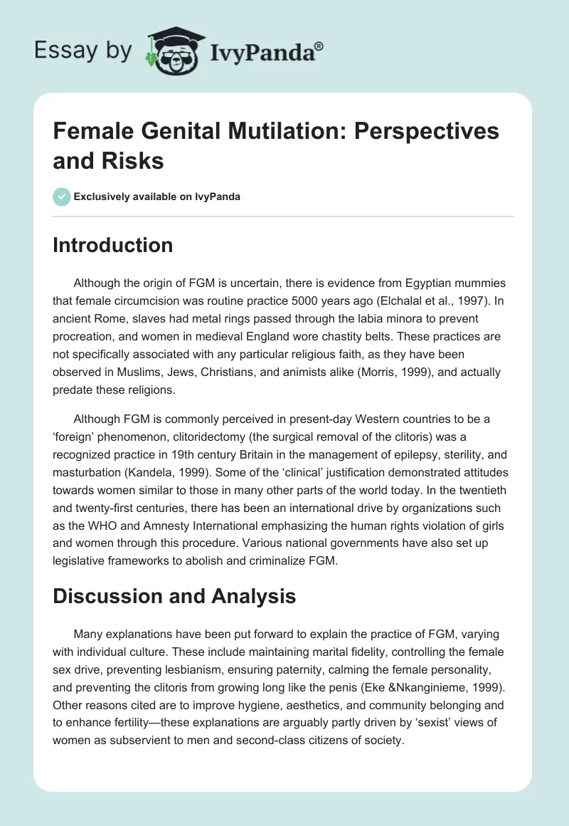 Female Genital Mutilation: Perspectives and Risks. Page 1