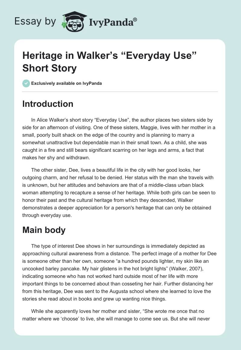 Heritage in Walker’s “Everyday Use” Short Story. Page 1