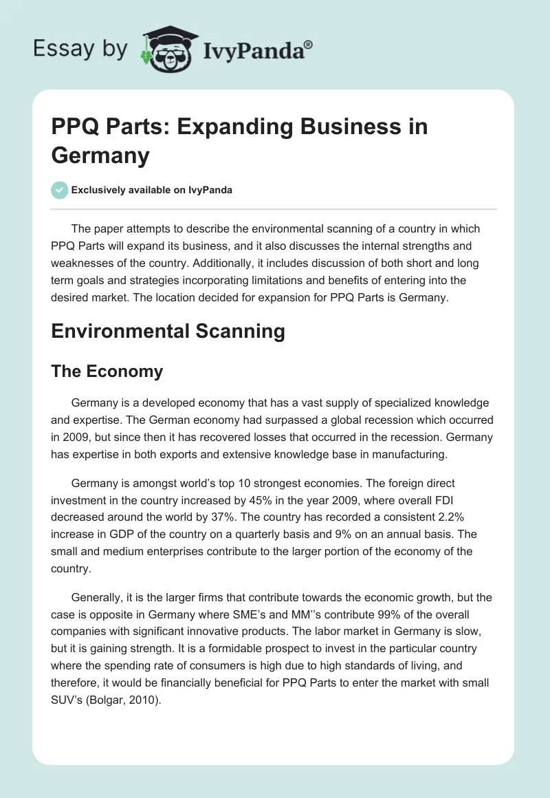 PPQ Parts: Expanding Business in Germany. Page 1