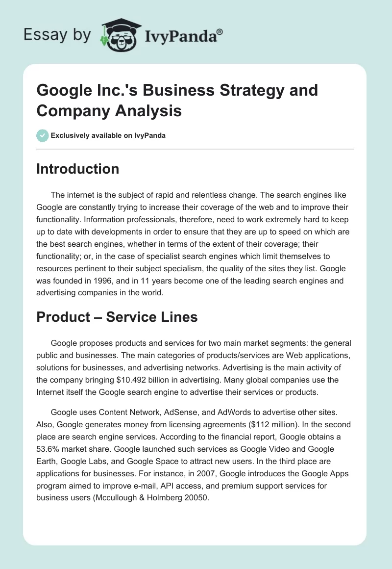 Google Inc.'s Business Strategy and Company Analysis. Page 1