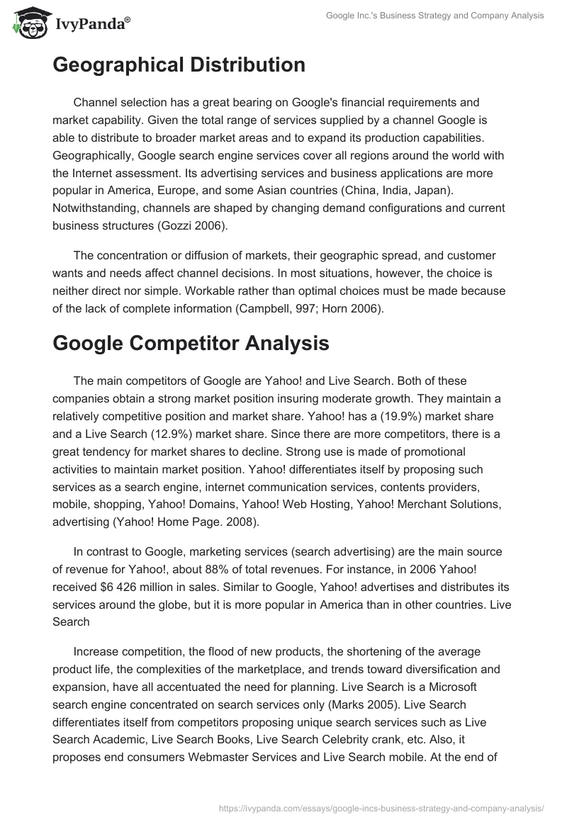 Google Inc.'s Business Strategy and Company Analysis. Page 2
