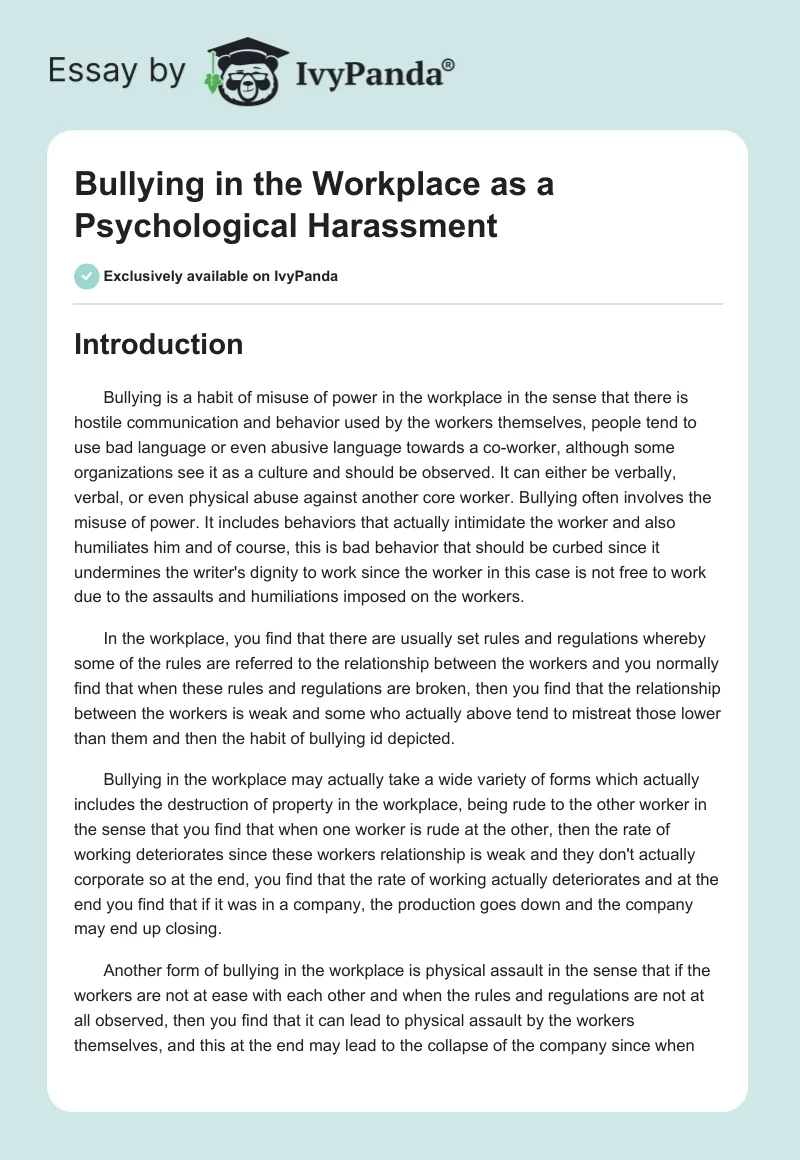 Bullying in the Workplace as a Psychological Harassment. Page 1