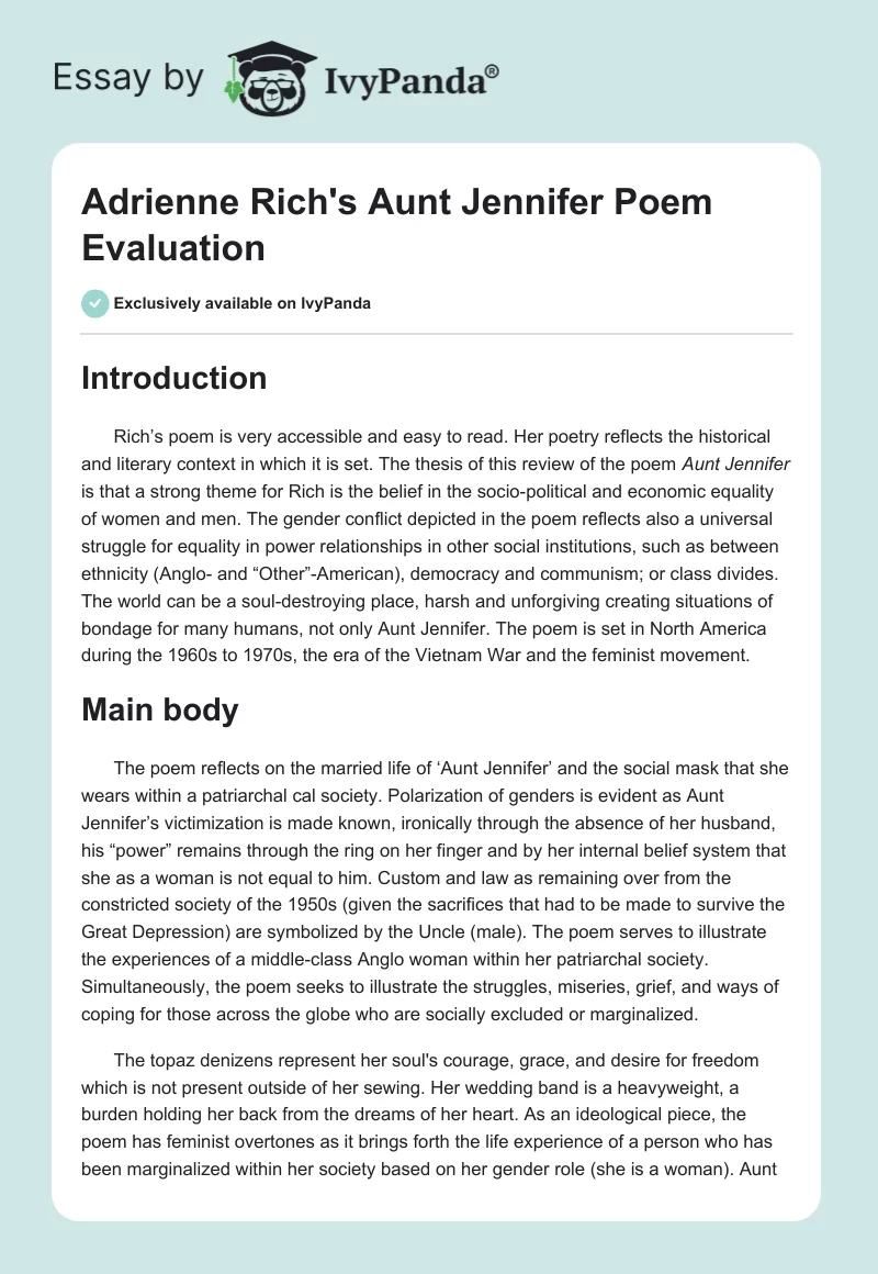 Adrienne Rich's "Aunt Jennifer" Poem Evaluation. Page 1