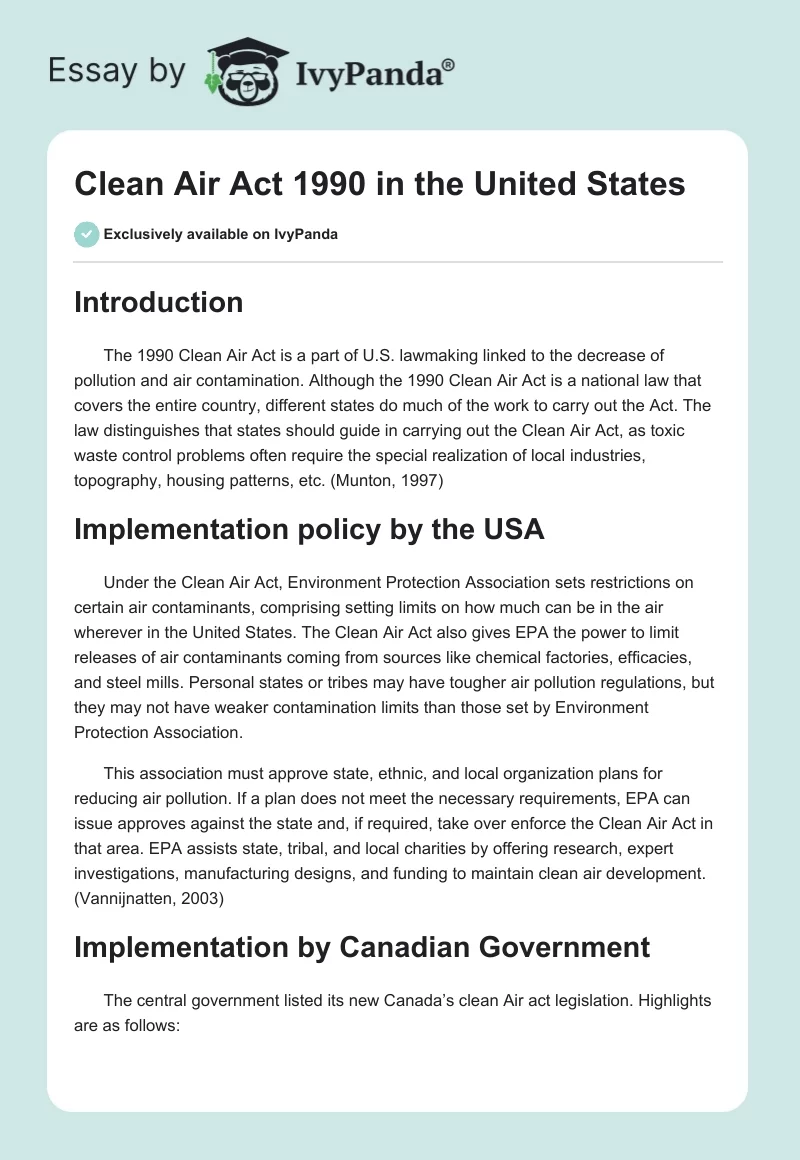 Clean Air Act 1990 in the United States. Page 1