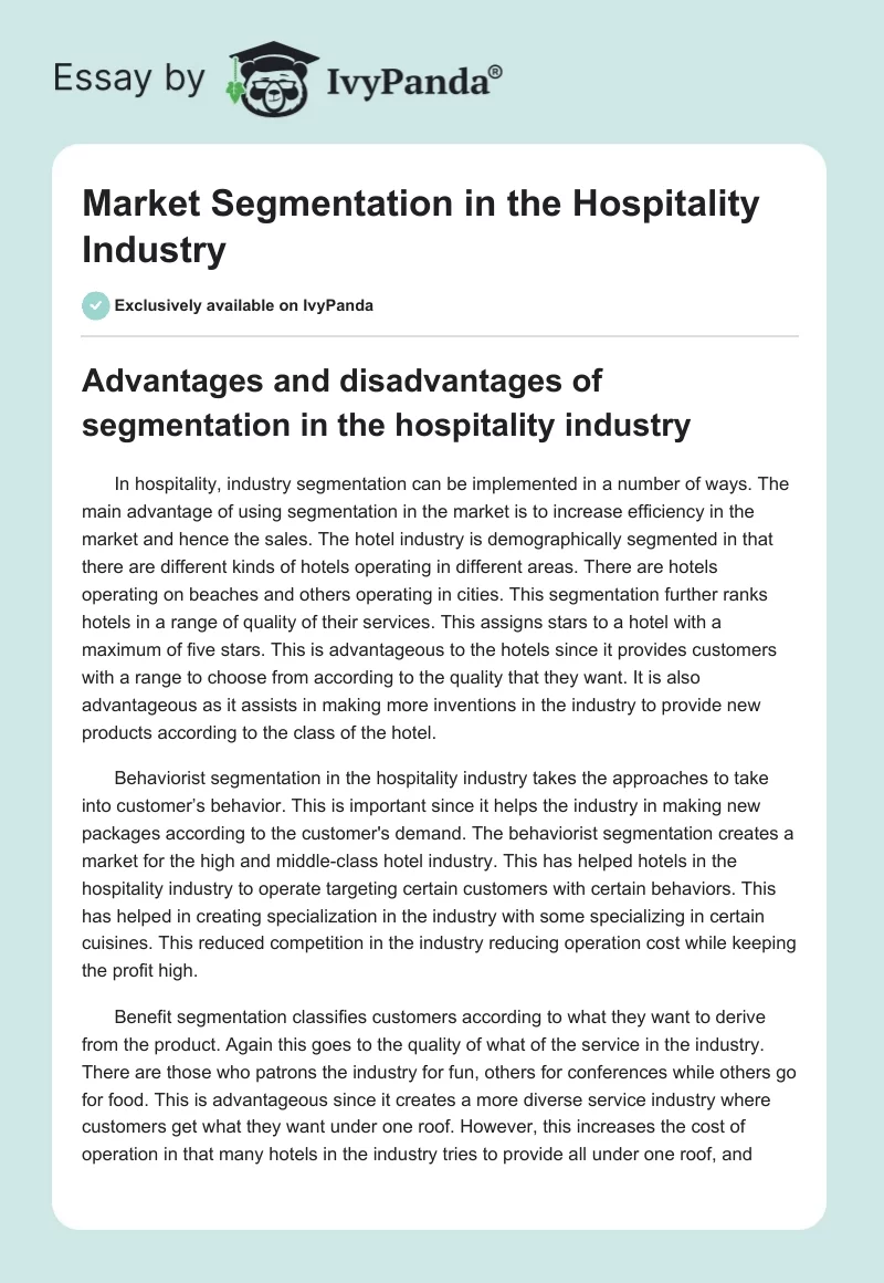 Market Segmentation in the Hospitality Industry. Page 1