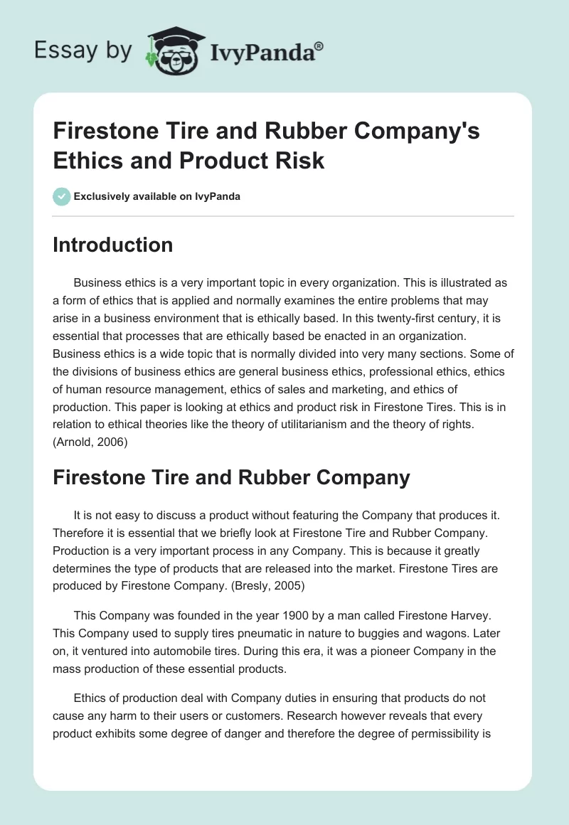 Firestone Tire and Rubber Company's Ethics and Product Risk. Page 1