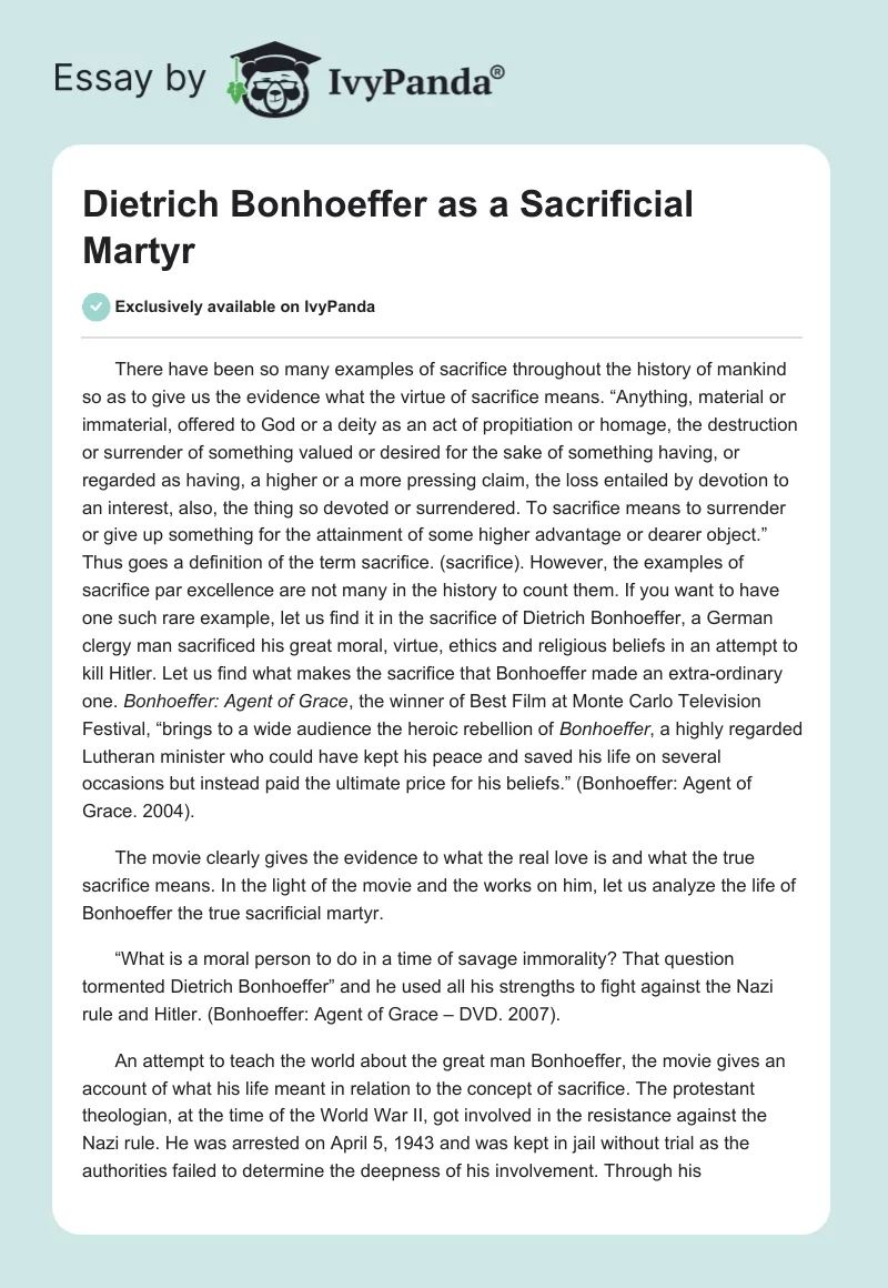 Dietrich Bonhoeffer as a Sacrificial Martyr. Page 1