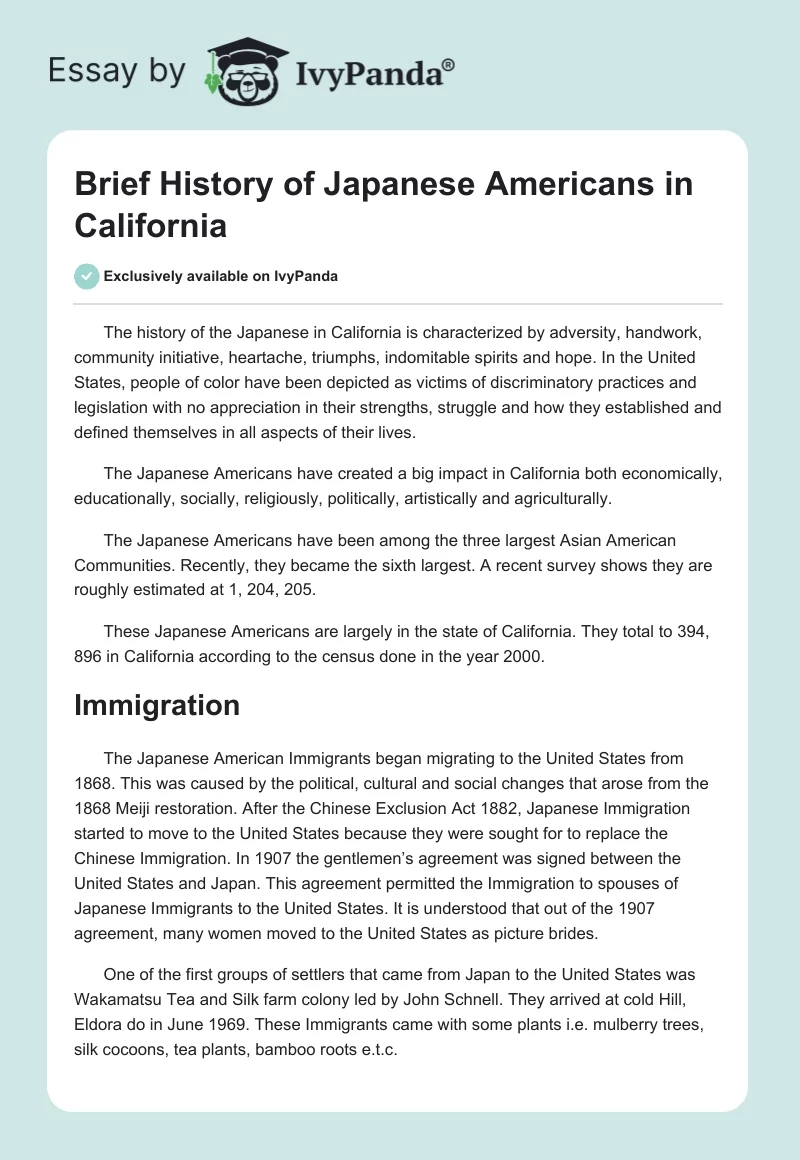 Brief History of Japanese Americans in California. Page 1