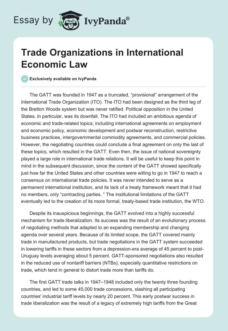 Trade Organizations in International Economic Law. Page 1
