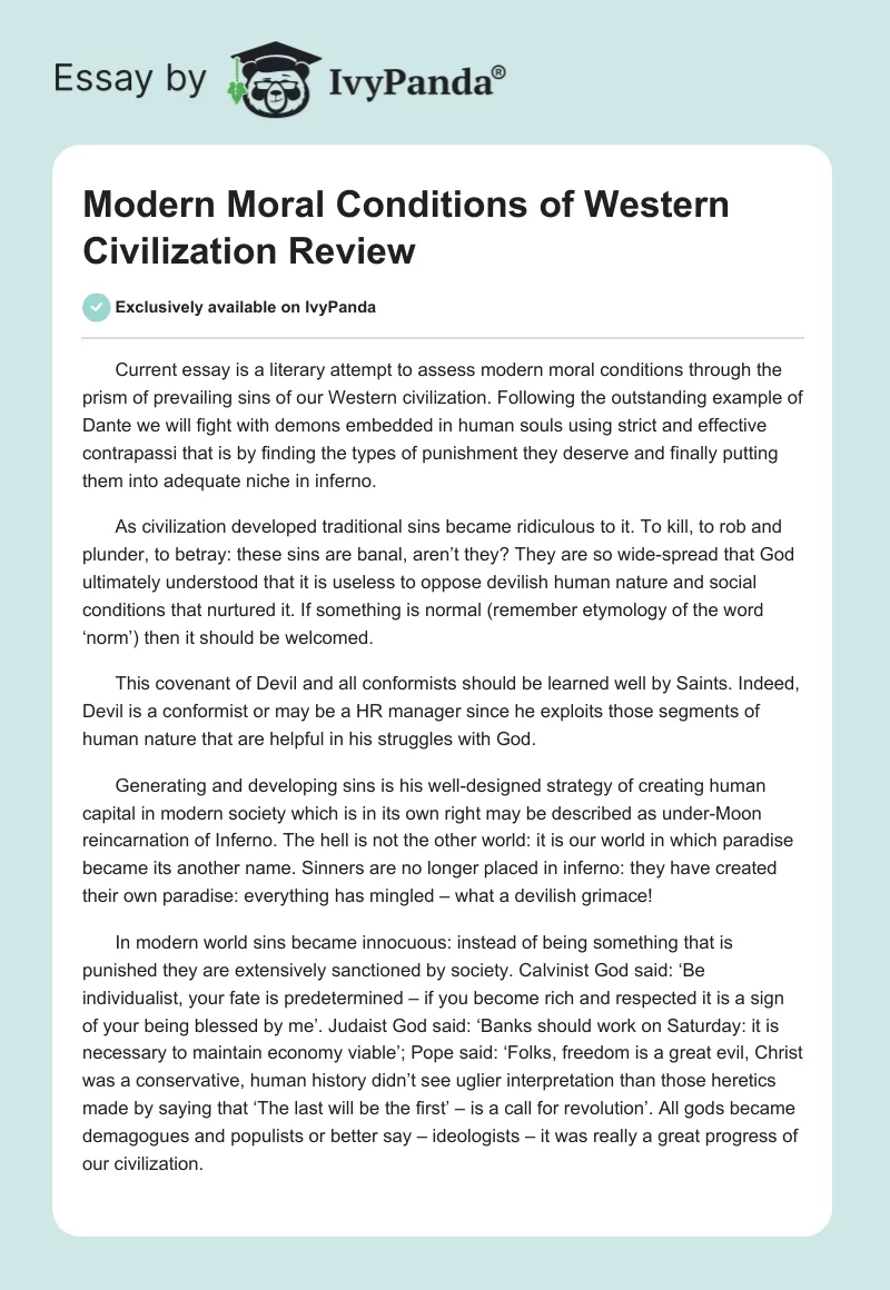 Modern Moral Conditions of Western Civilization Review. Page 1