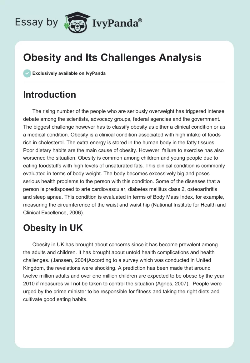 Obesity and Its Challenges Analysis. Page 1