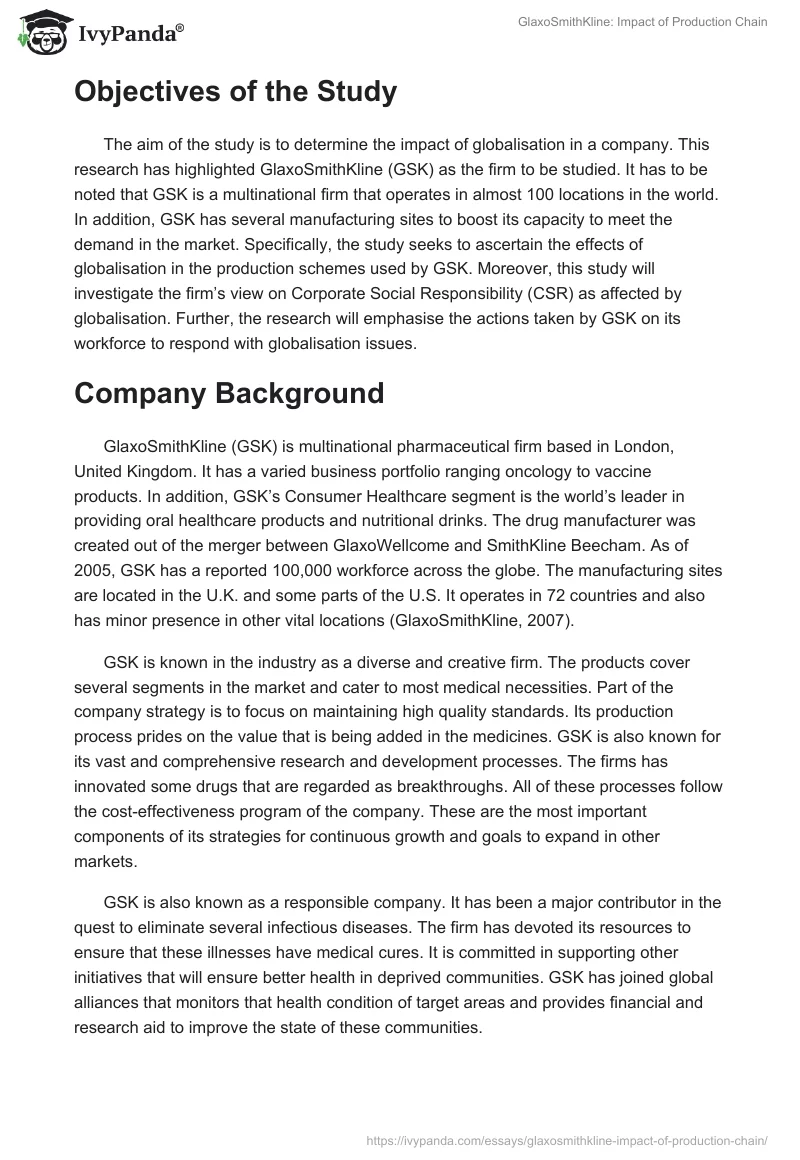 GlaxoSmithKline: Impact of Production Chain. Page 2