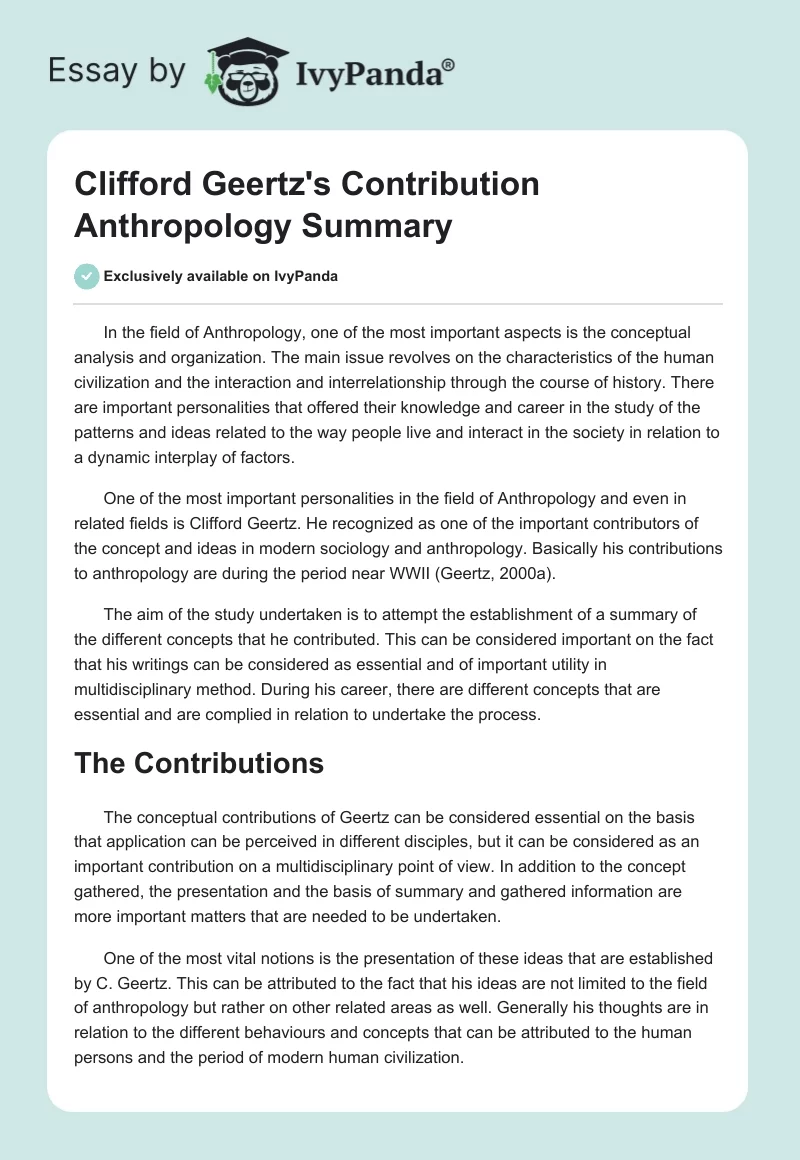 Clifford Geertz's Contribution Anthropology Summary. Page 1