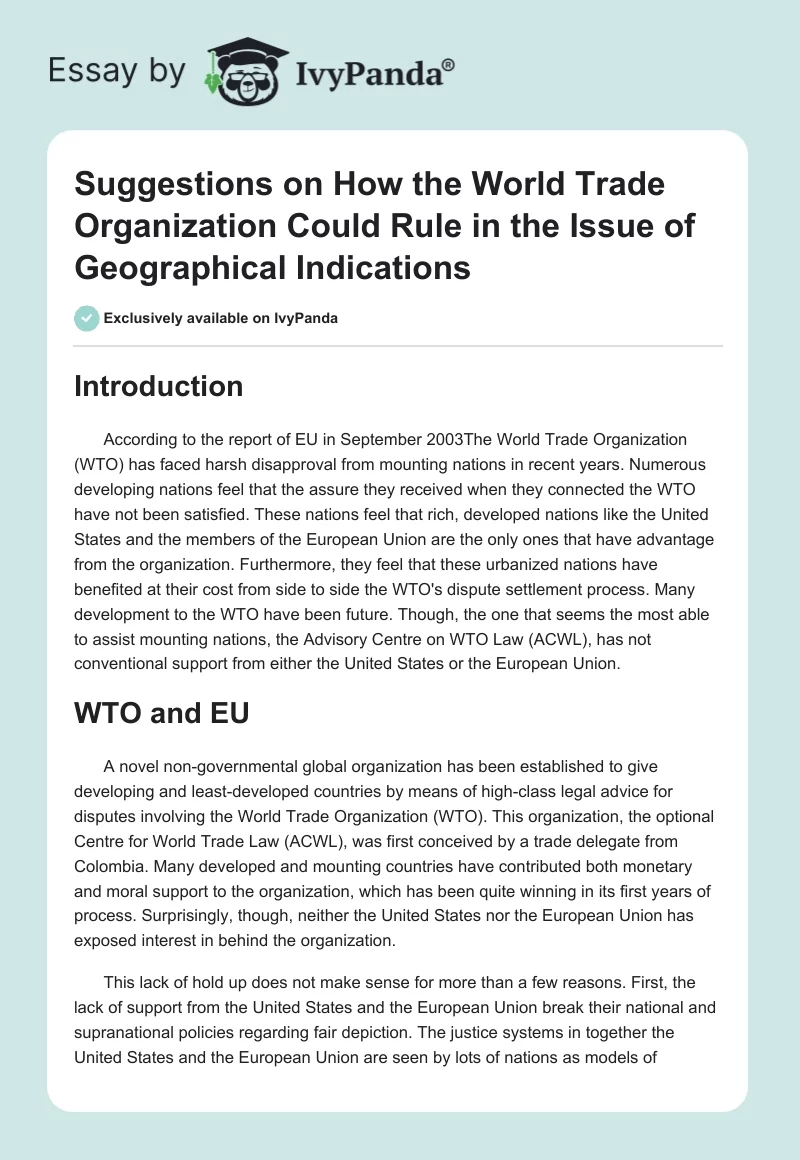 Suggestions on How the World Trade Organization Could Rule in the Issue of Geographical Indications. Page 1