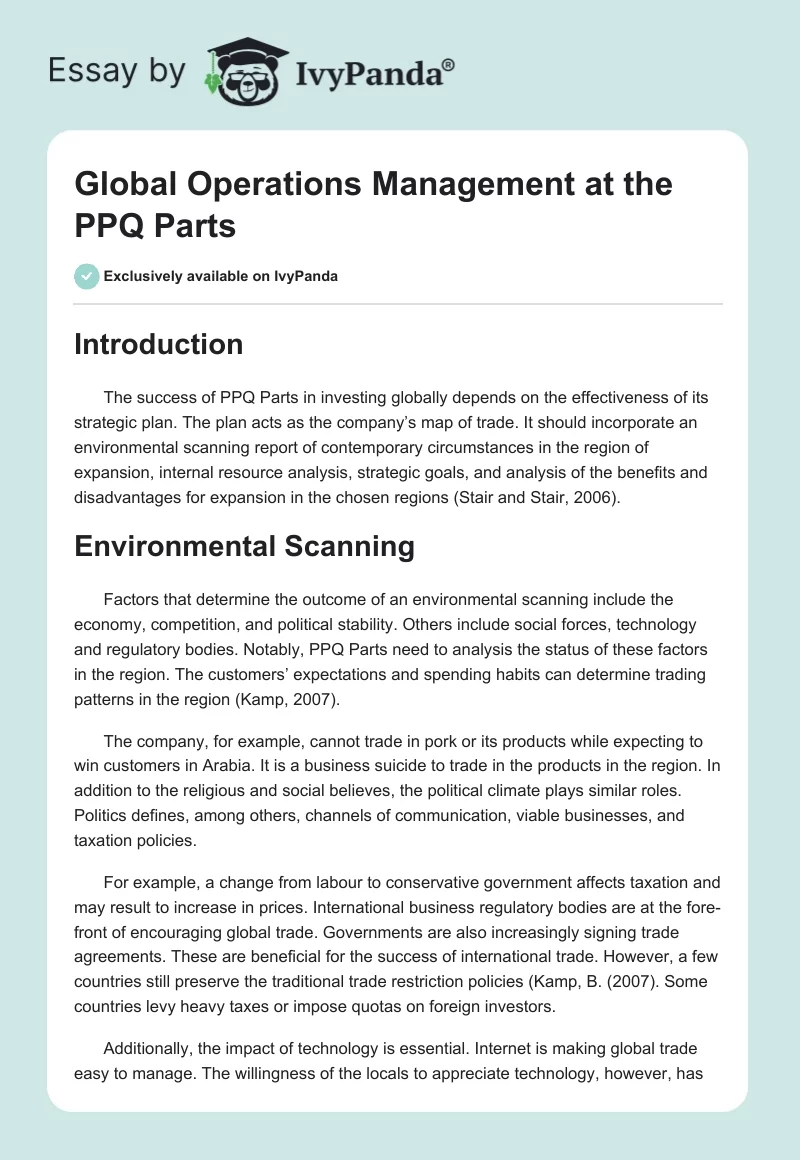 Global Operations Management at the PPQ Parts. Page 1