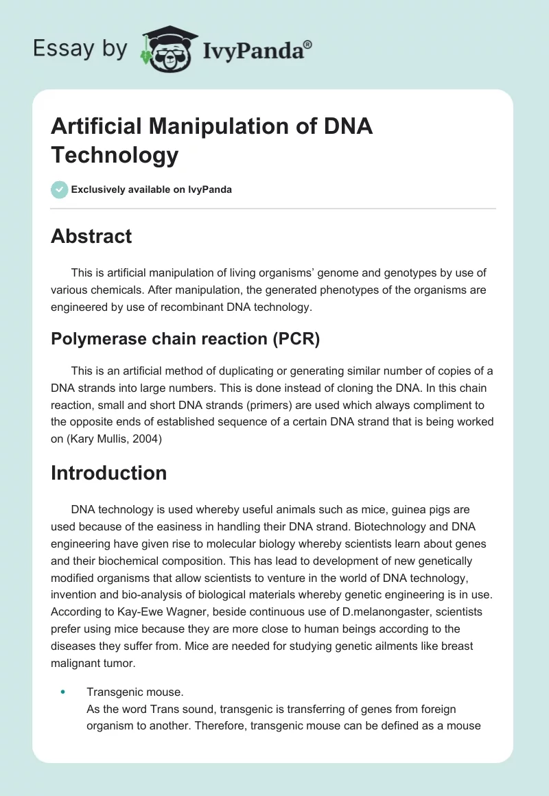 Artificial Manipulation of DNA Technology. Page 1