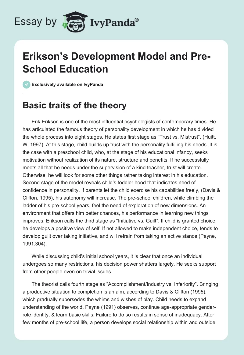 Erikson’s Development Model and Pre-School Education. Page 1