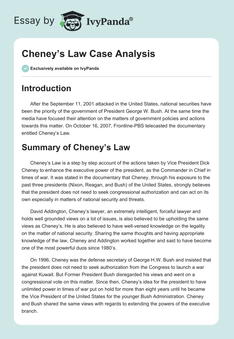 Cheney’s Law Case Analysis. Page 1