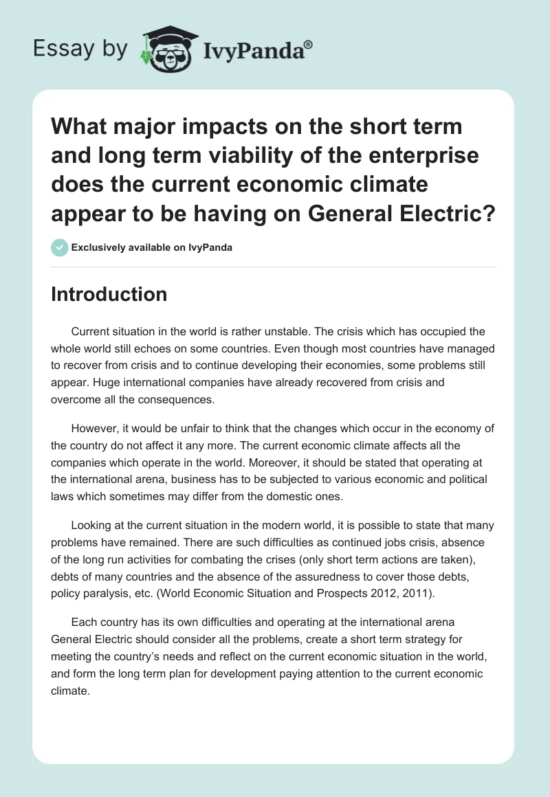 What major impacts on the short term and long term viability of the enterprise does the current economic climate appear to be having on General Electric?. Page 1