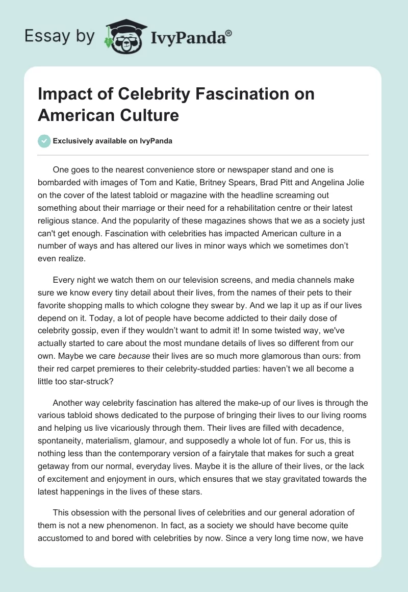 Impact of Celebrity Fascination on American Culture. Page 1