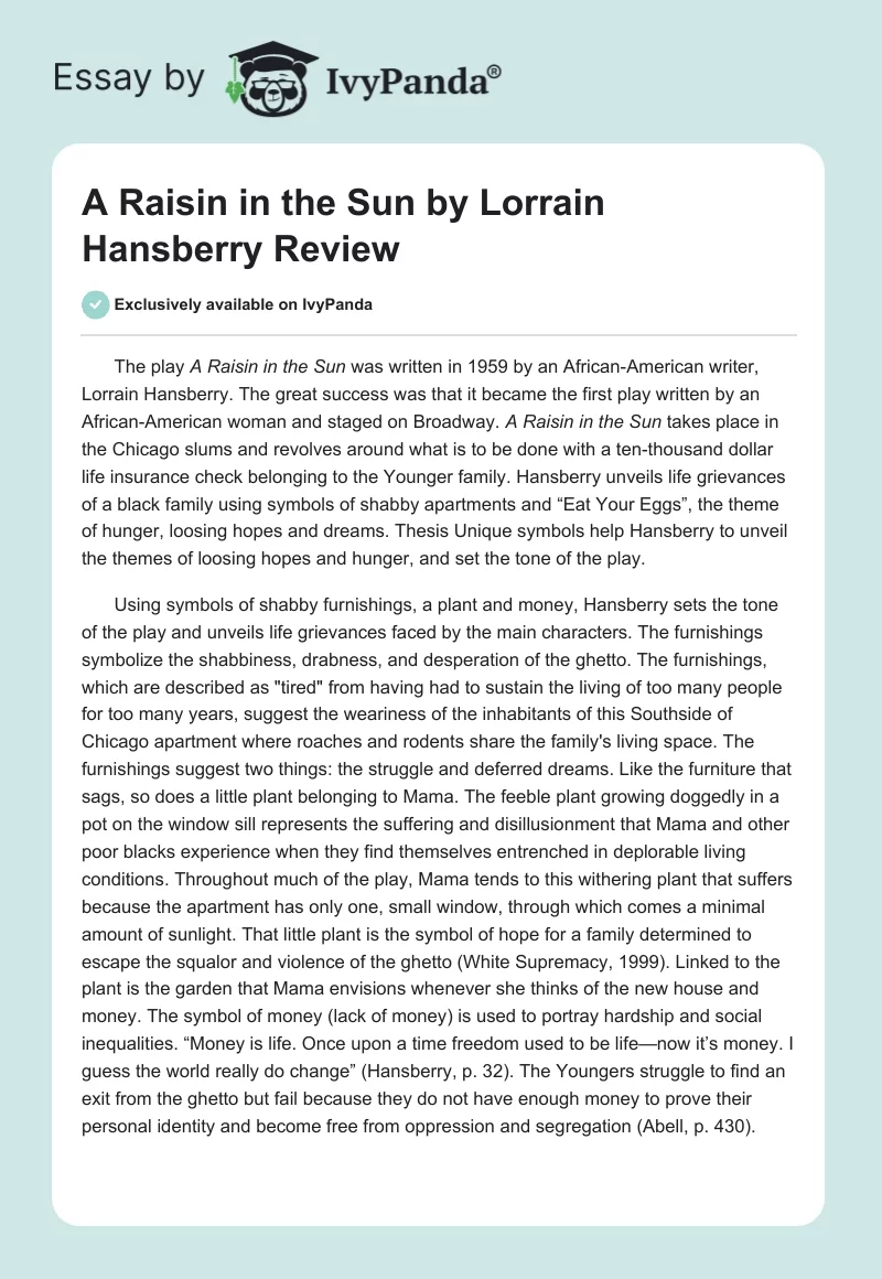 "A Raisin in the Sun" by Lorrain Hansberry Review. Page 1