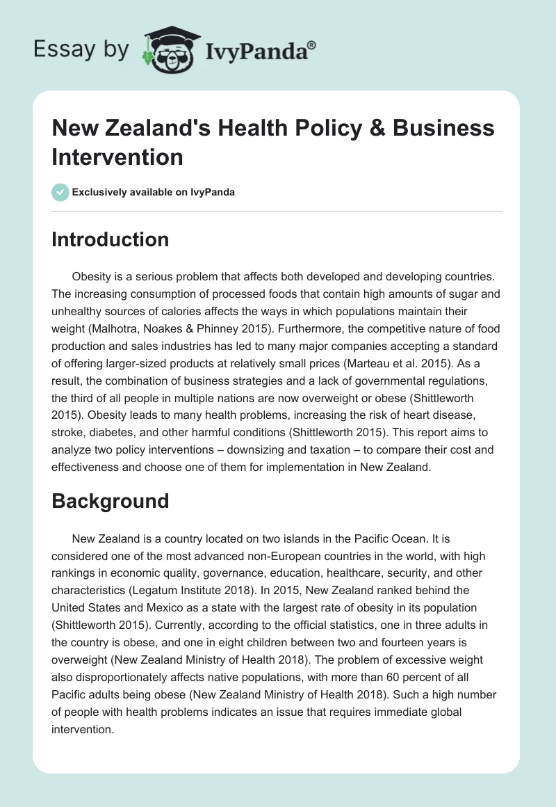 New Zealand's Health Policy & Business Intervention. Page 1