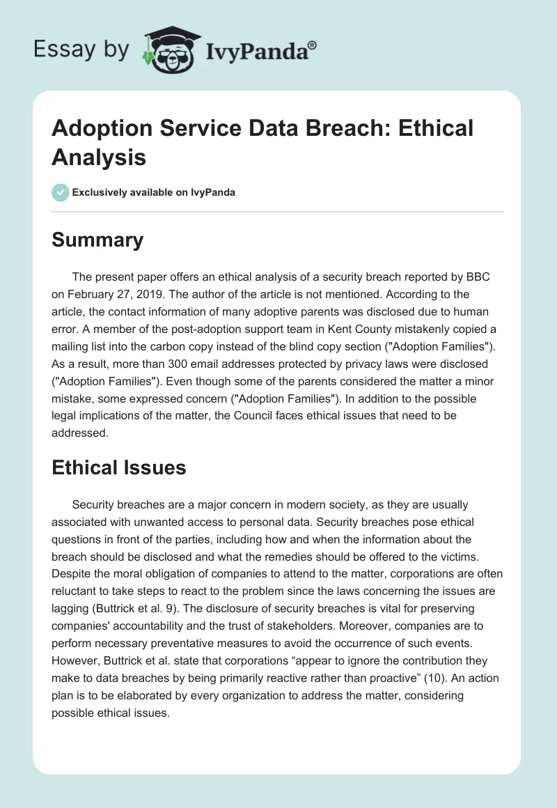 Adoption Service Data Breach: Ethical Analysis. Page 1