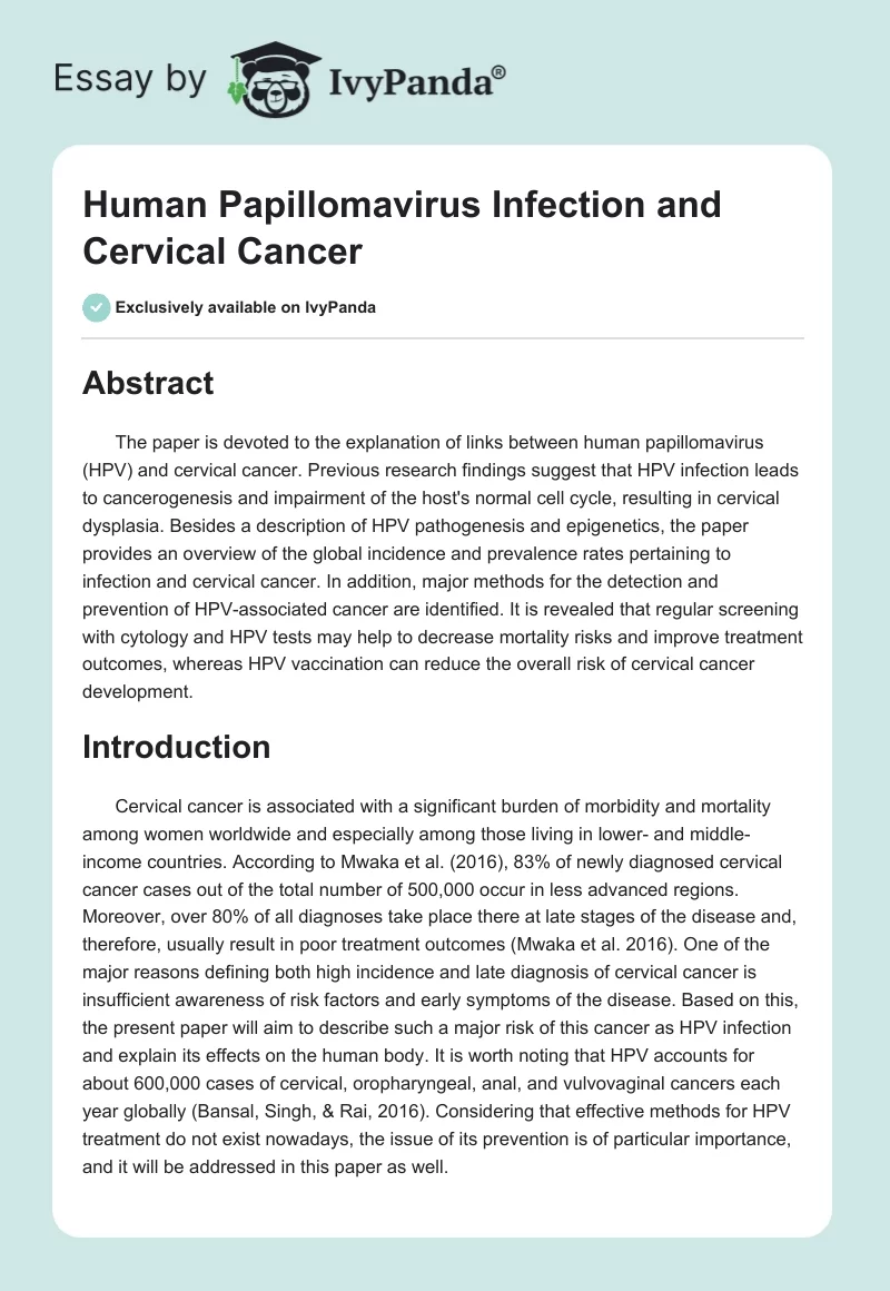 Human Papillomavirus Infection and Cervical Cancer. Page 1