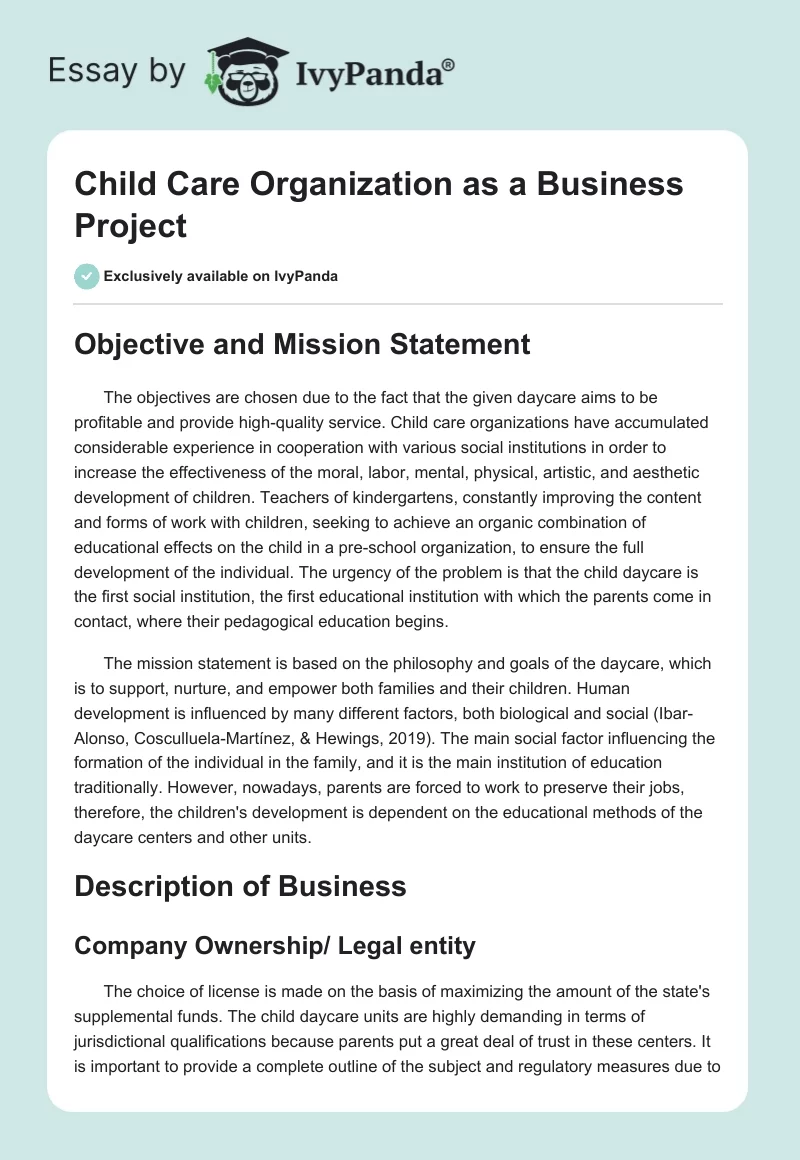 Child Care Organization as a Business Project. Page 1